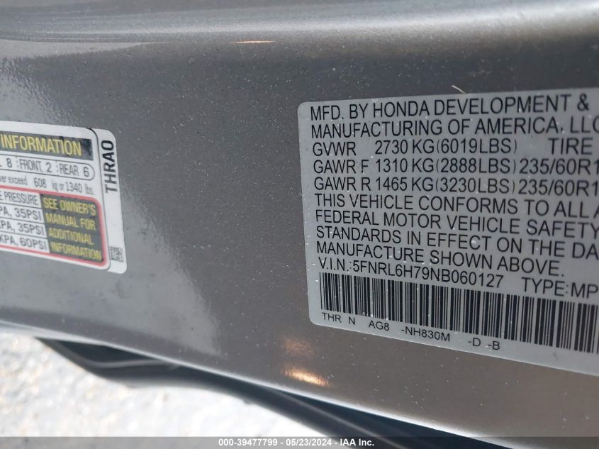 2022 Honda Odyssey Ex-L VIN: 5FNRL6H79NB060127 Lot: 39477799