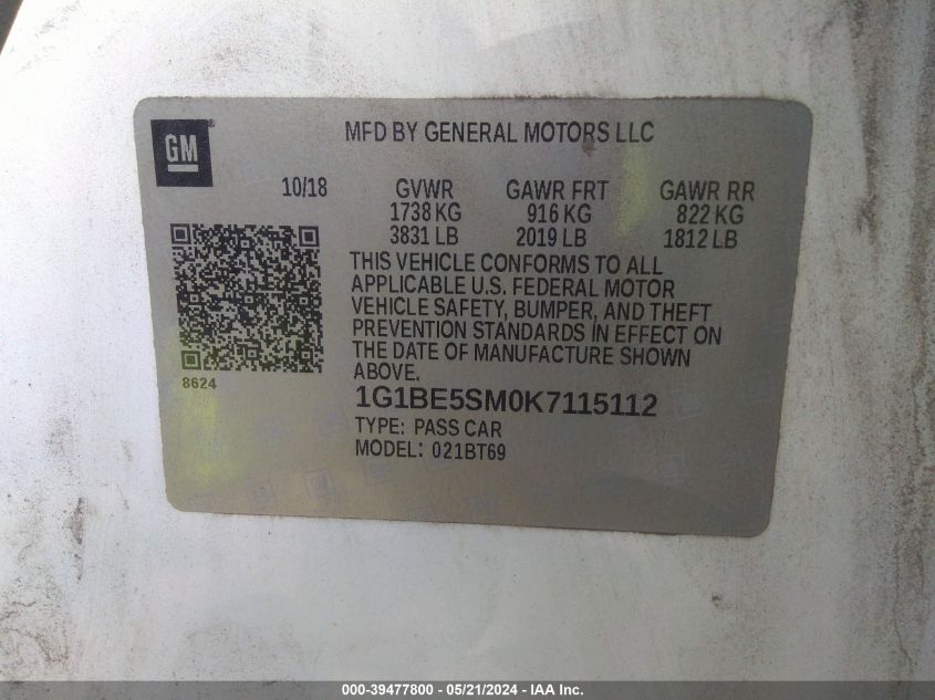 2019 Chevrolet Cruze Lt VIN: 1G1BE5SM0K7115112 Lot: 39477800