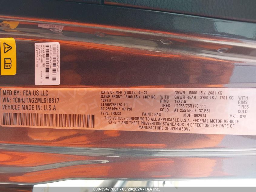 2021 Jeep Gladiator Texas Trail 4X4 VIN: 1C6HJTAG2ML618817 Lot: 39477801