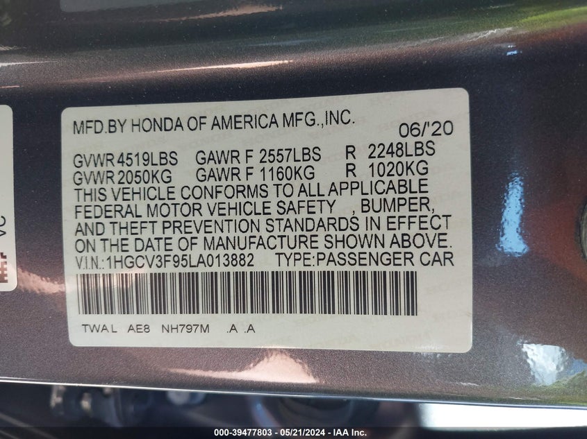 VIN 1HGCV3F95LA013882 2020 HONDA ACCORD HYBRID TOURING