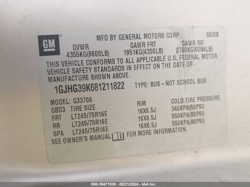2008 GMC Savana Ls VIN: 1GJHG39K681211822 Lot: 39477830