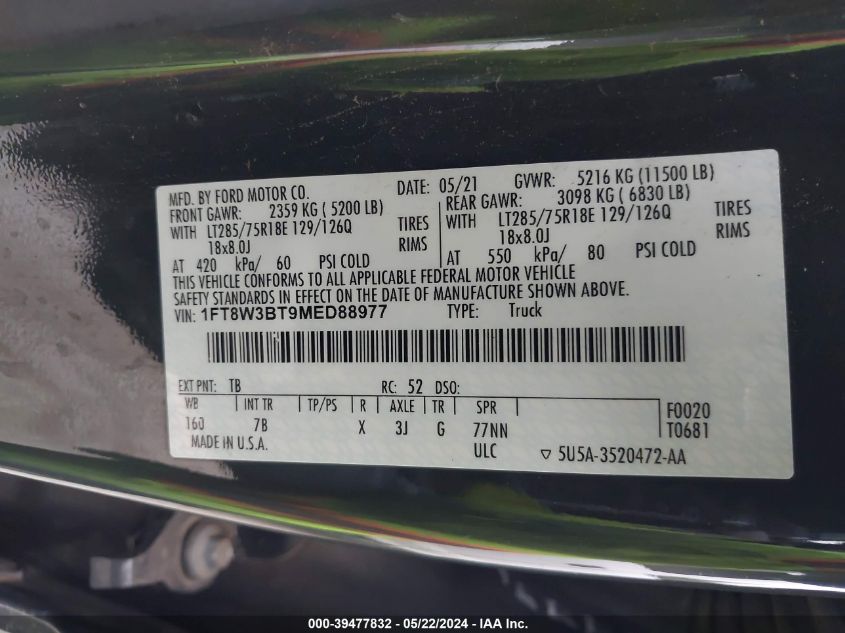 2021 Ford F-350 Platinum VIN: 1FT8W3BT9MED88977 Lot: 39477832