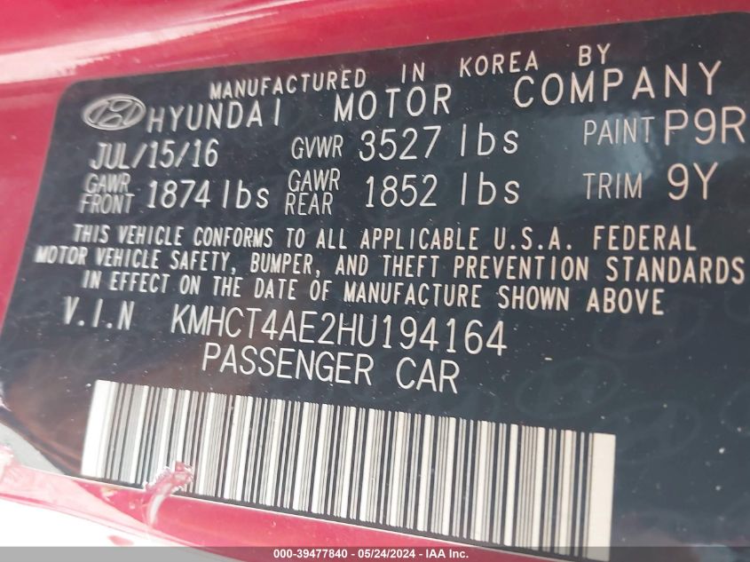 2017 Hyundai Accent Se VIN: KMHCT4AE2HU194164 Lot: 39477840