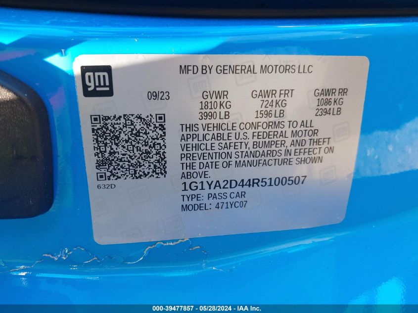 2024 Chevrolet Corvette Stingray Rwd 1Lt VIN: 1G1YA2D44R5100507 Lot: 39477857