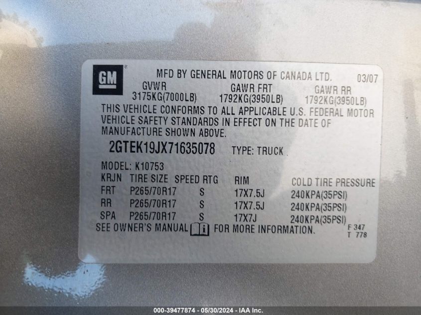 2007 GMC Sierra 1500 Sle2 VIN: 2GTEK19JX71635078 Lot: 39477874