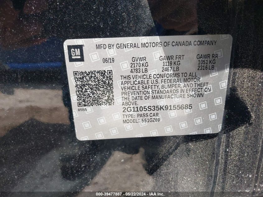2019 Chevrolet Impala Premier VIN: 2G1105S35K9155685 Lot: 39477887