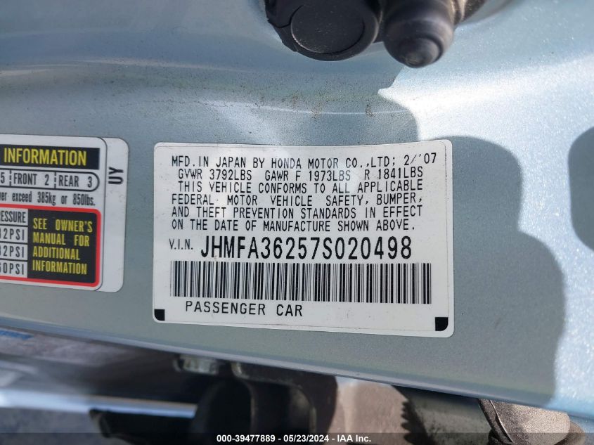 2007 Honda Civic Hybrid VIN: JHMFA36257S020498 Lot: 39477889