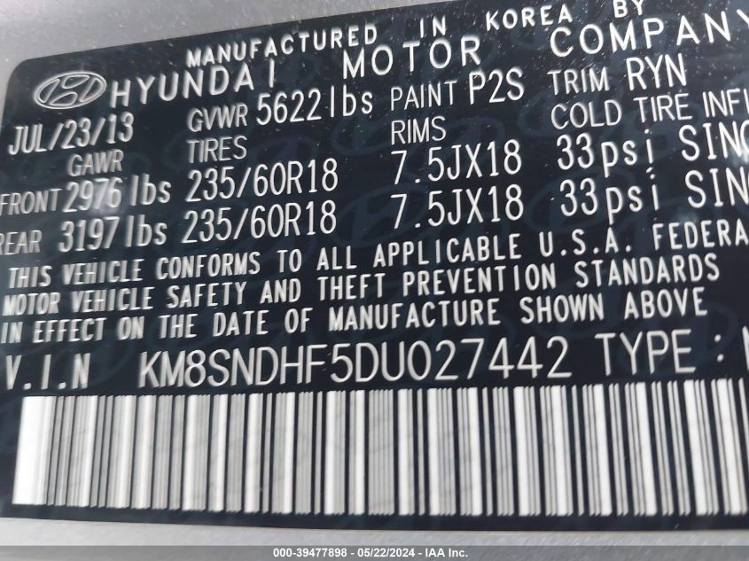 2013 Hyundai Santa Fe Gls VIN: KM8SNDHF5DU027442 Lot: 39477898