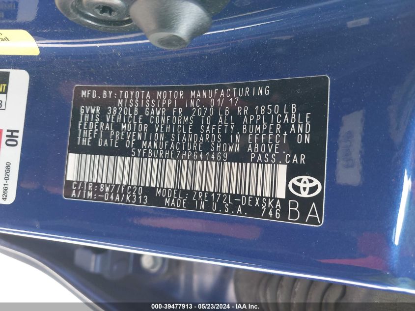 2017 Toyota Corolla Se VIN: 5YFBURHE7HP641469 Lot: 39477913