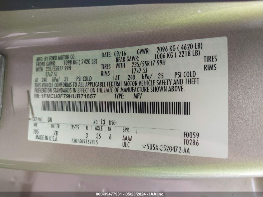 2017 Ford Escape S VIN: 1FMCU0F79HUB71657 Lot: 39477931
