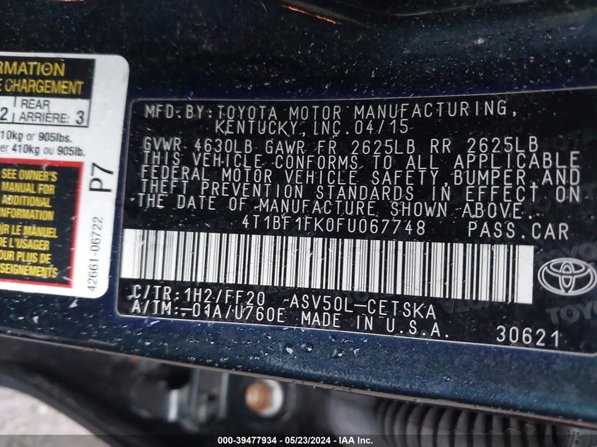 2015 Toyota Camry Se VIN: 4T1BF1FK0FU067748 Lot: 39477934