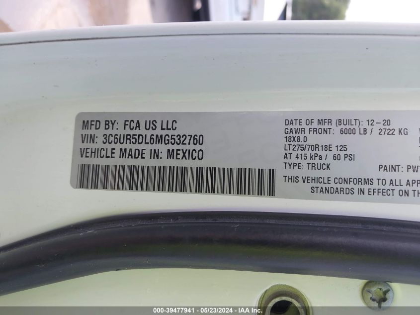 2021 Ram 2500 Big Horn 4X4 6'4 Box VIN: 3C6UR5DL6MG532760 Lot: 39477941