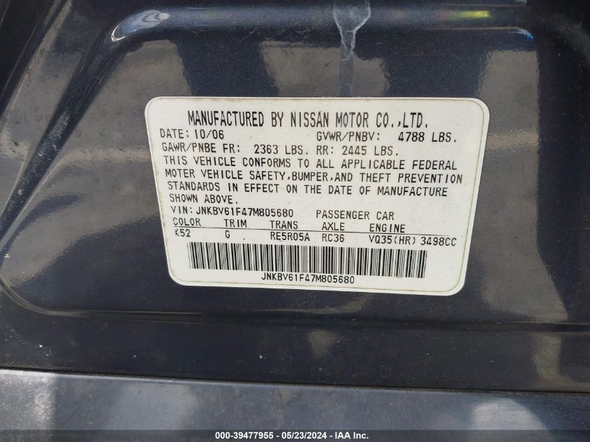 2007 Infiniti G35X VIN: JNKBV61F47M805680 Lot: 39477955