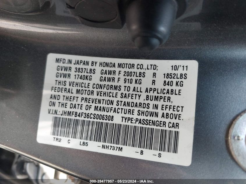 2012 Honda Civic Hybrid VIN: JHMFB4F36CS006308 Lot: 39477957