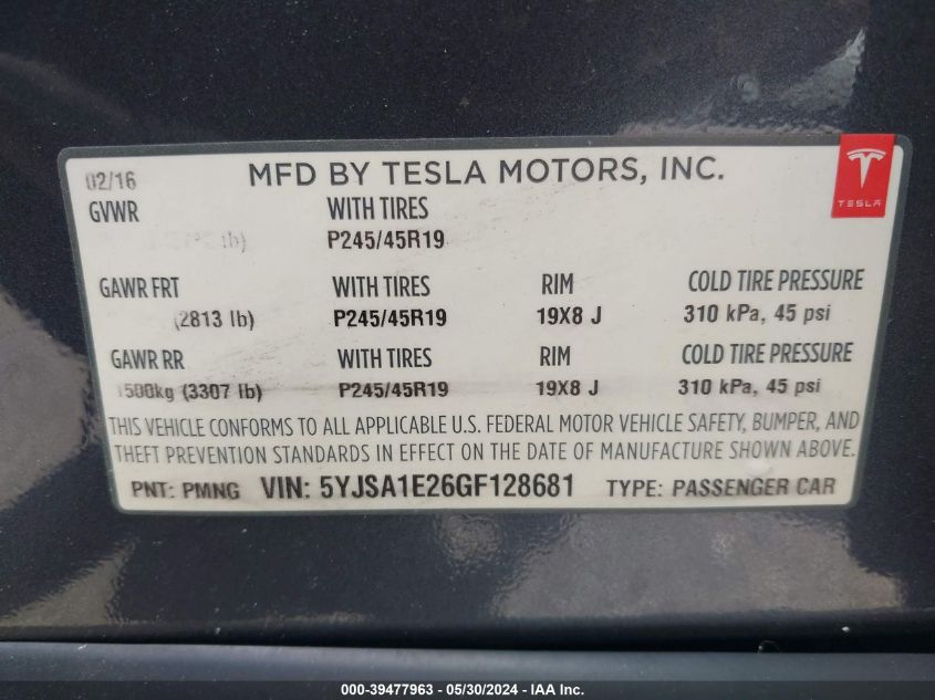 2016 Tesla Model S 60D/70D/75D/85D/90D VIN: 5YJSA1E26GF128681 Lot: 39477963