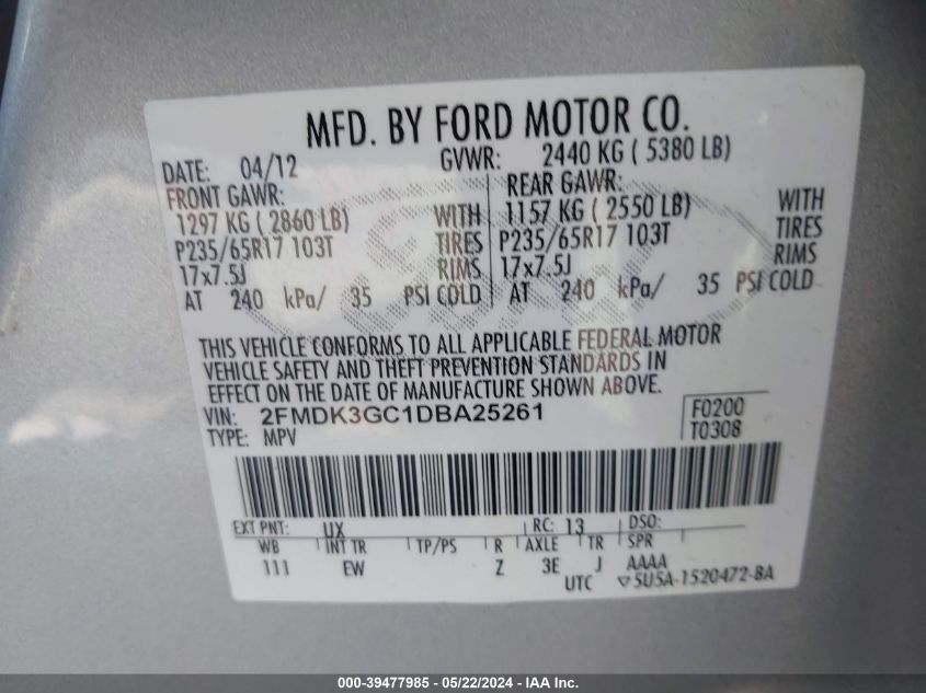 2FMDK3GC1DBA25261 2013 Ford Edge Se