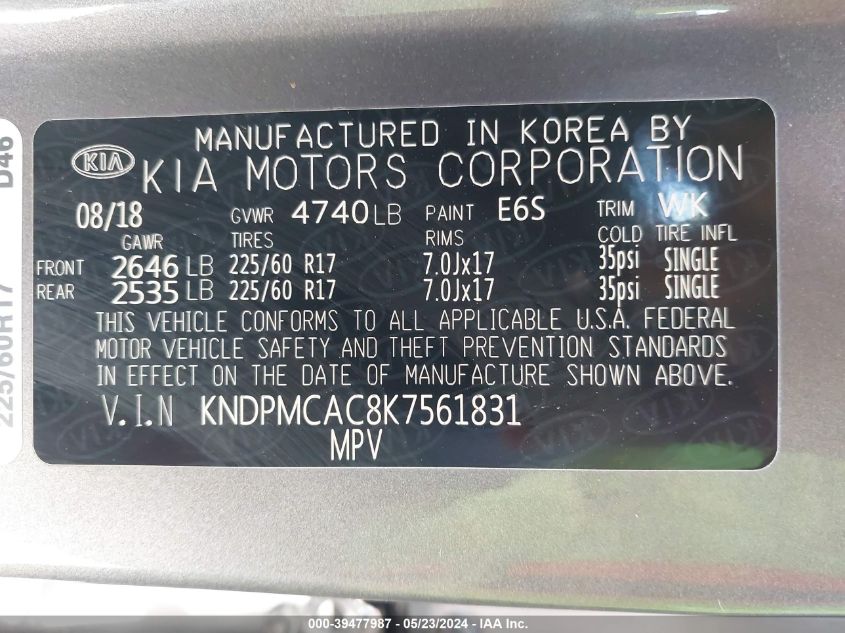 2019 Kia Sportage Lx VIN: KNDPMCAC8K7561831 Lot: 39477987