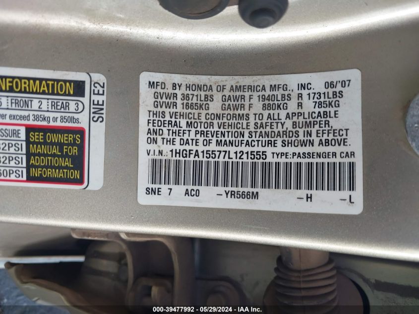 2007 Honda Civic Lx VIN: 1HGFA15577L121555 Lot: 39477992