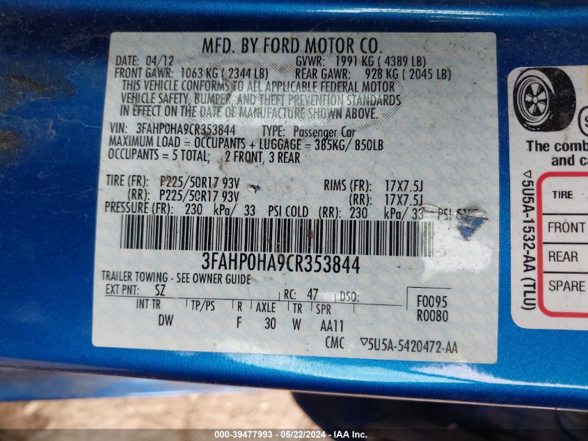 2012 Ford Fusion Se VIN: 3FAHP0HA9CR353844 Lot: 39477993