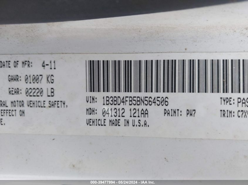 2011 Dodge Avenger Express VIN: 1B3BD4FB5BN564506 Lot: 39477994