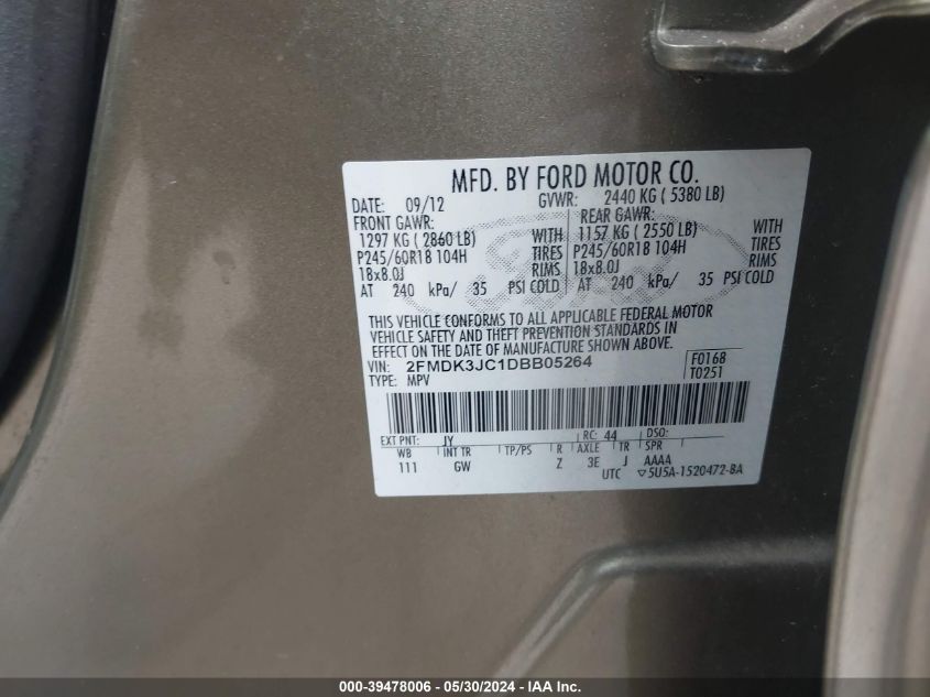 2013 Ford Edge Sel VIN: 2FMDK3JC1DBB05264 Lot: 39478006