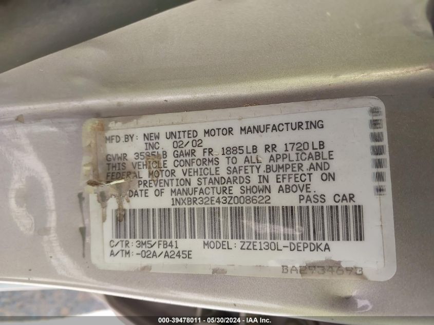 2003 Toyota Corolla Ce VIN: 1NXBR32E43Z008622 Lot: 39478011