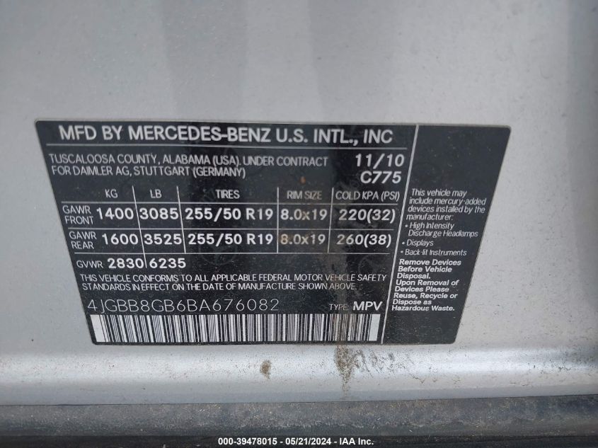 2011 Mercedes-Benz Ml 350 4Matic VIN: 4JGBB8GB6BA676082 Lot: 39478015