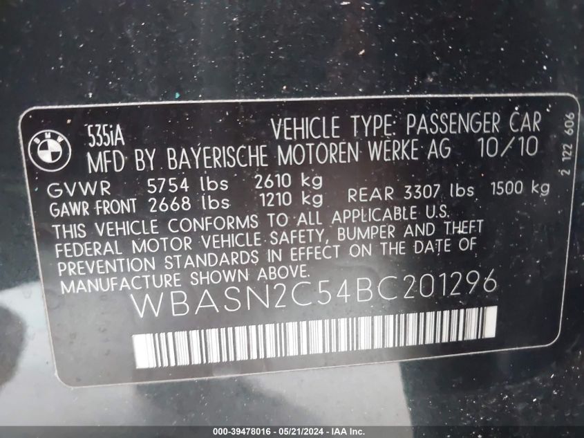 2011 BMW 535I Gran Turismo 535I VIN: WBASN2C54BC201296 Lot: 39478016