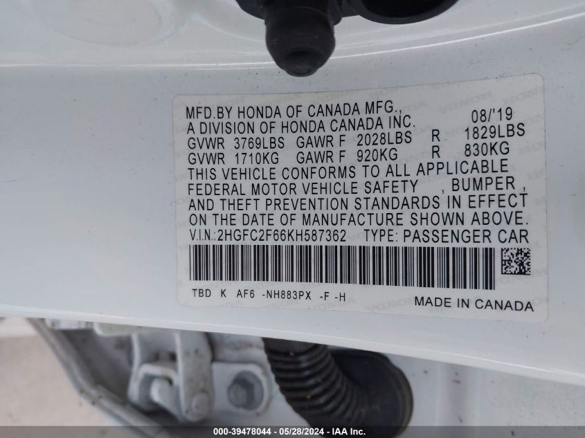 2019 Honda Civic Lx VIN: 2HGFC2F66KH587362 Lot: 39478044