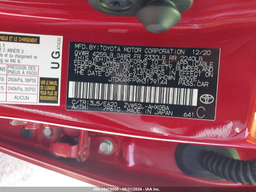 2021 Toyota Prius Prime Le/Xle/Limited VIN: JTDKAMFP9M3179144 Lot: 39478050