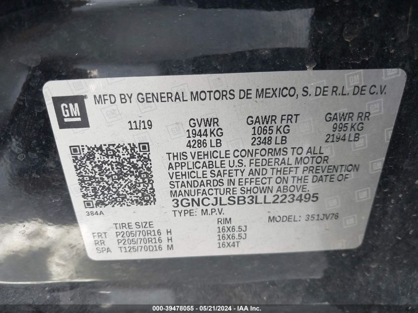 2020 Chevrolet Trax Fwd Lt VIN: 3GNCJLSB3LL223495 Lot: 39478055