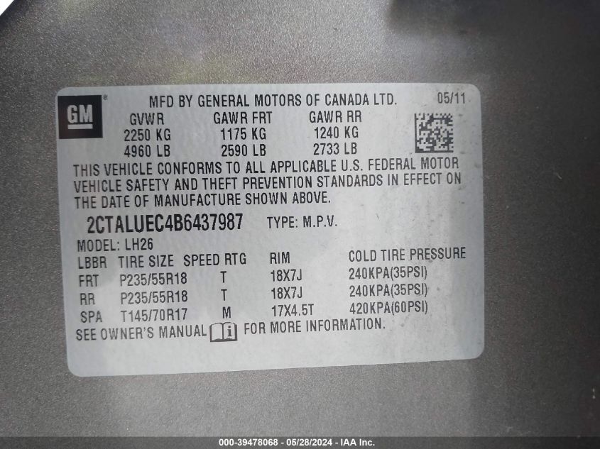 2011 GMC Terrain Slt-1 VIN: 2CTALUEC4B6437987 Lot: 39478068