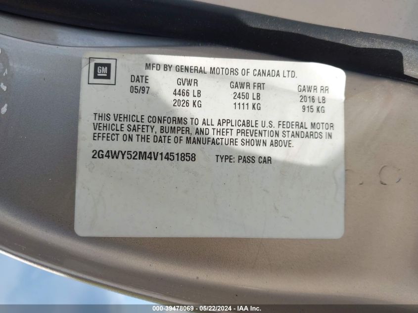 1997 Buick Century Limited VIN: 2G4WY52M4V1451858 Lot: 39478069