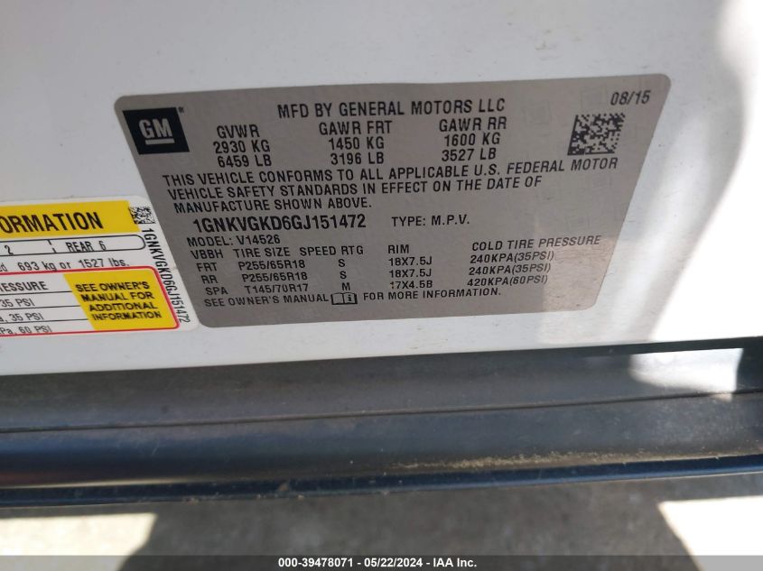 2016 Chevrolet Traverse 1Lt VIN: 1GNKVGKD6GJ151472 Lot: 39478071