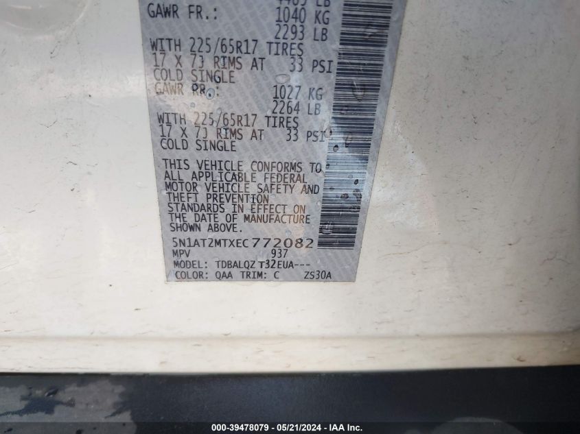 2014 Nissan Rogue Sv VIN: 5N1AT2MTXEC772082 Lot: 39478079