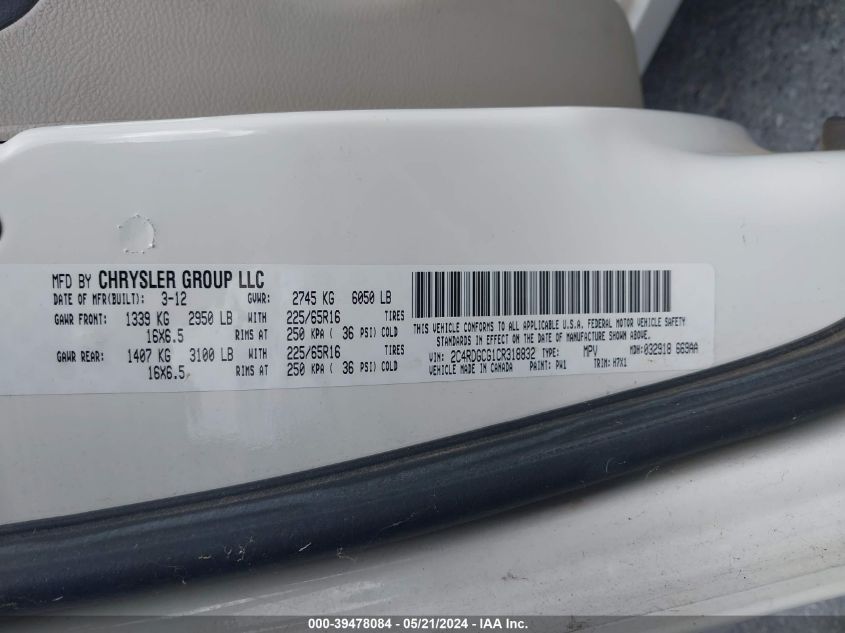 2012 Dodge Grand Caravan Sxt VIN: 2C4RDGCG1CR318832 Lot: 39478084