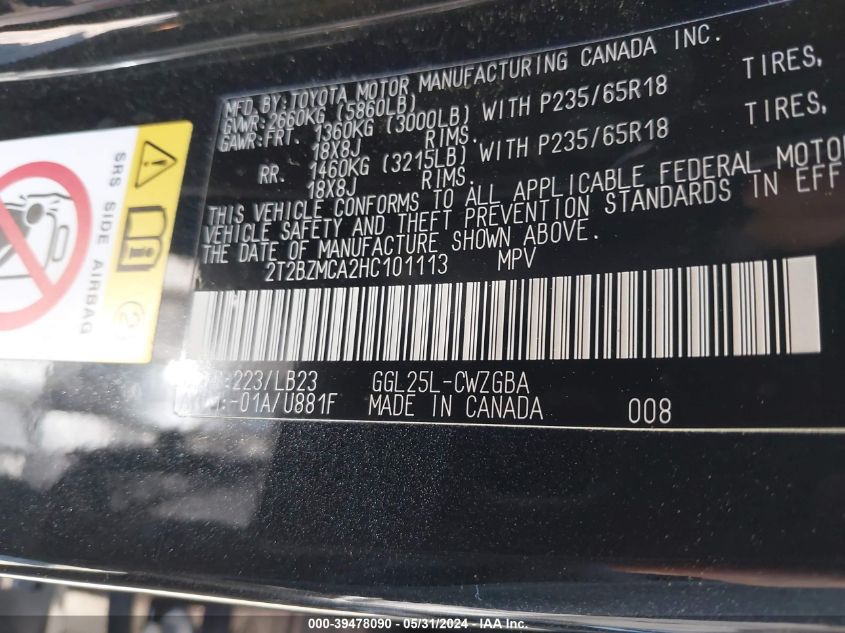 2017 Lexus Rx 350 VIN: 2T2BZMCA2HC101113 Lot: 39478090