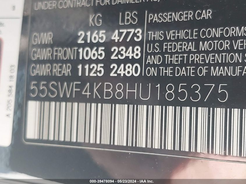 2017 Mercedes-Benz C 300 4Matic/Luxury 4Matic/Sport 4Matic VIN: 55SWF4KB8HU185375 Lot: 39478094