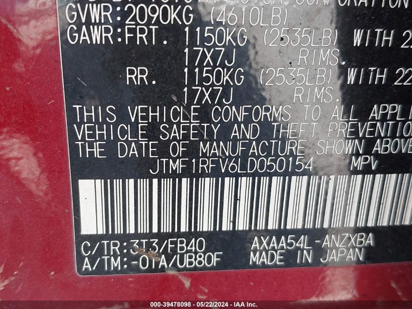 2020 Toyota Rav4 Le VIN: JTMF1RFV6LD050154 Lot: 39478098