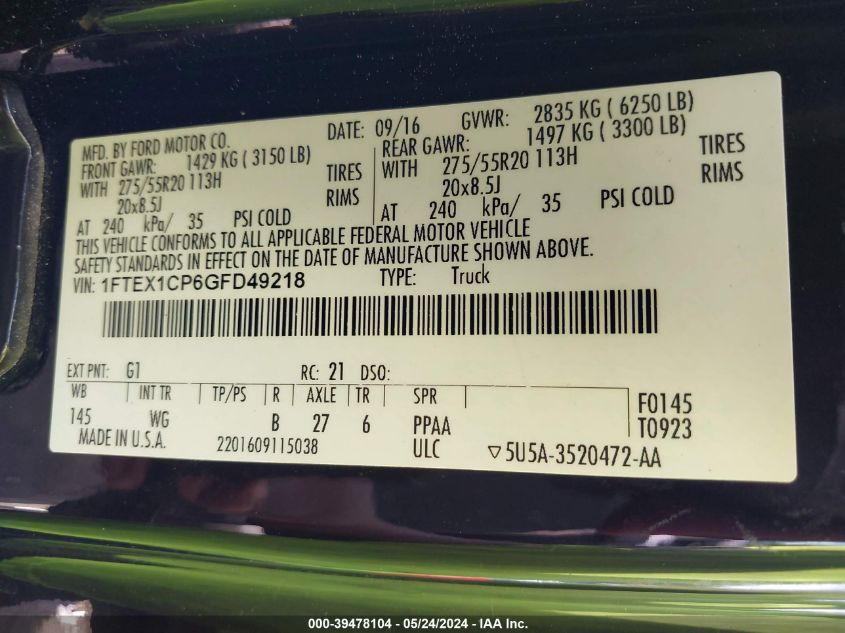 2016 Ford F-150 Xl VIN: 1FTEX1CP6GFD49218 Lot: 39478104