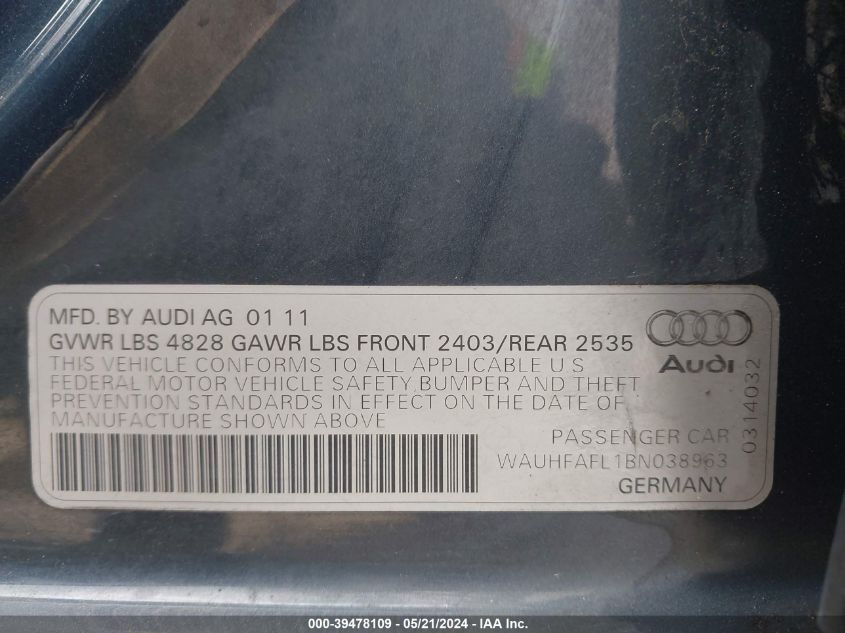 2011 Audi A4 2.0T Premium VIN: WAUHFAFL1BN038963 Lot: 39478109