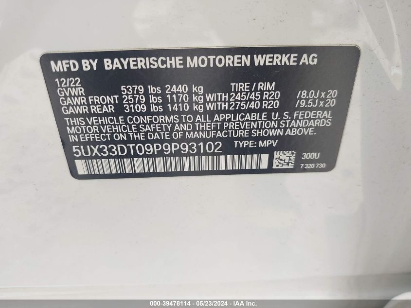 2023 BMW X4 xDrive30I VIN: 5UX33DT09P9P93102 Lot: 39478114