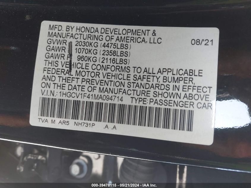 2021 Honda Accord Sport Se VIN: 1HGCV1F41MA094714 Lot: 39478115