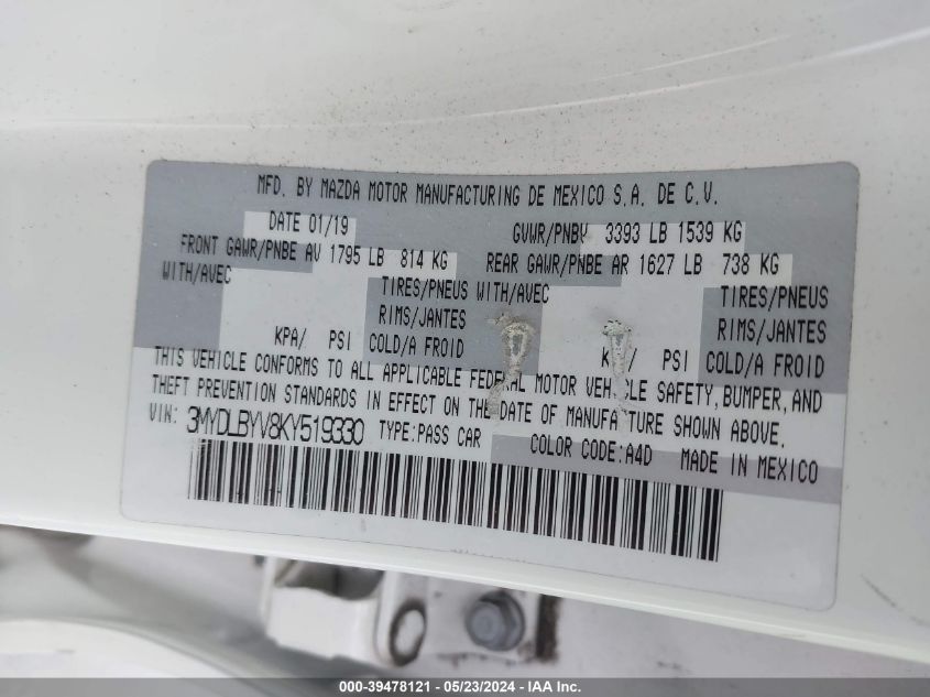 2019 TOYOTA YARIS L - 3MYDLBYV8KY519330