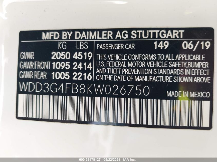 2019 Mercedes-Benz A 220 4Matic VIN: WDD3G4FB8KW026750 Lot: 39478127