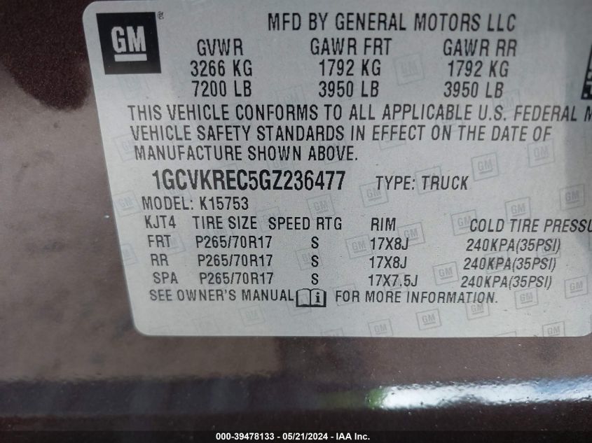 2016 Chevrolet Silverado 1500 1Lt VIN: 1GCVKREC5GZ236477 Lot: 39478133