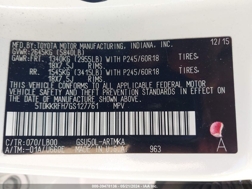 2016 Toyota Highlander Xle V6 VIN: 5TDKKRFH7GS127761 Lot: 39478136