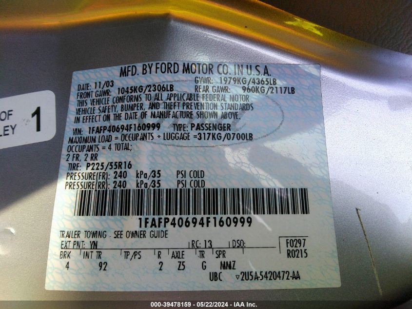 2004 Ford Mustang VIN: 1FAFP40694F160999 Lot: 39478159