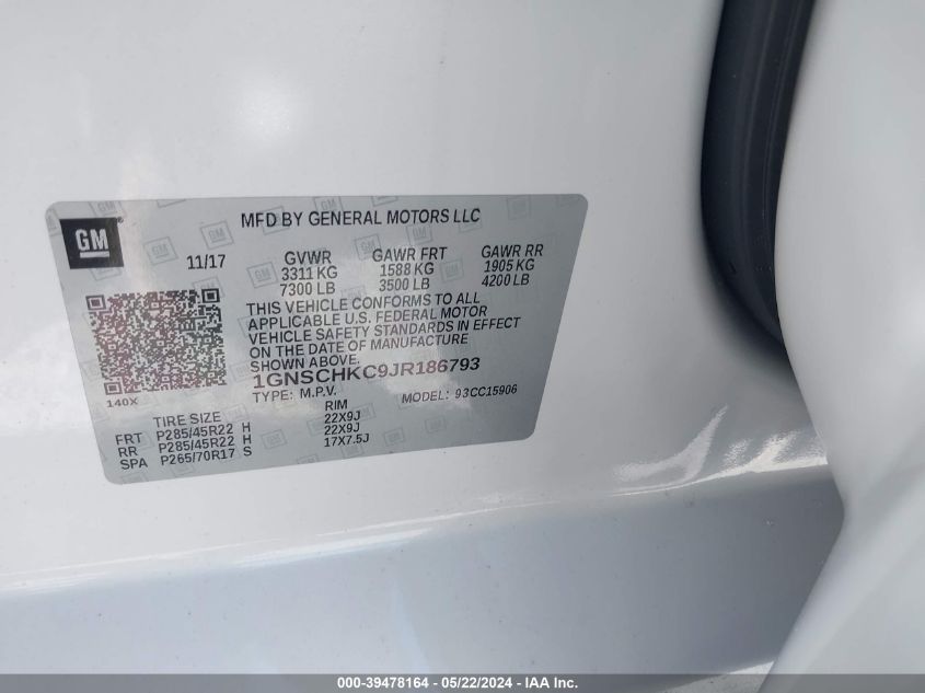 2018 Chevrolet Suburban Lt VIN: 1GNSCHKC9JR186793 Lot: 39478164