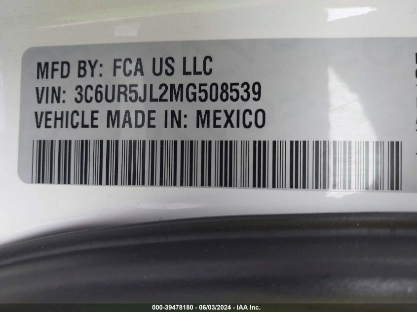 2021 Ram 2500 Big Horn 4X4 8' Box VIN: 3C6UR5JL2MG508539 Lot: 39478180